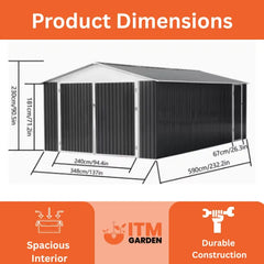 12×19FT (3.6 x 5.8m) Metal Storage Shed – Durable Outdoor Shed -0.25mm Standard Steel Panels + FREE Solar Light