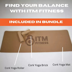 ITM FITNESS 3-in-1 Eco Cork Yoga & Pilates Bundle | Mat, Brick, and Massage Roller Set