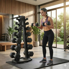 Complete 10-Set Hex Dumbbell & Rack Bundle – Heavy Duty Rubber Dumbbells (Pairs 12kg to 28kg) + Vertical Storage Stand
