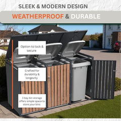Wheelie Bin Shelter Premium - 3 Bay - Wood Effect Metal Slats
