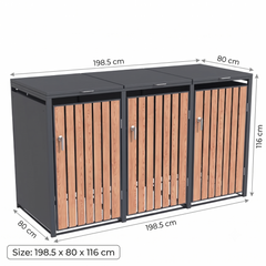 Wheelie Bin Shelter Premium - 3 Bay - Wood Effect Metal Slats