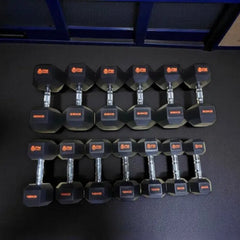 Complete 10-Set Hex Dumbbell & Rack Bundle – Heavy Duty Rubber Dumbbells (Pairs 12kg to 28kg) + Vertical Storage Stand
