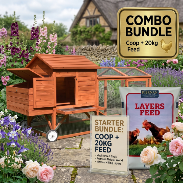 The Wheely Easy Chicken Coop & 20kg Layers Feed Starter Bundle – Mobile Wooden Hen House with Wheels (6-9 Birds) & Complete Poultry Nutrition