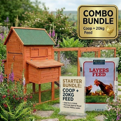 The Eggland Chicken Coop & 20kg Layers Feed Starter Bundle – Natural Wood Hen House (6-9 Birds) with Complete Poultry Nutrition