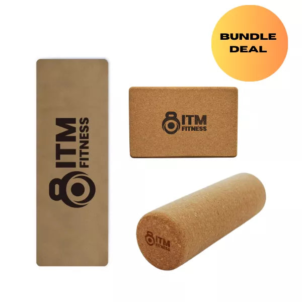 ITM FITNESS 3-in-1 Eco Cork Yoga & Pilates Bundle | Mat, Brick, and Massage Roller Set