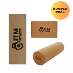 ITM FITNESS 3-in-1 Eco Cork Yoga & Pilates Bundle | Mat, Brick, and Massage Roller Set