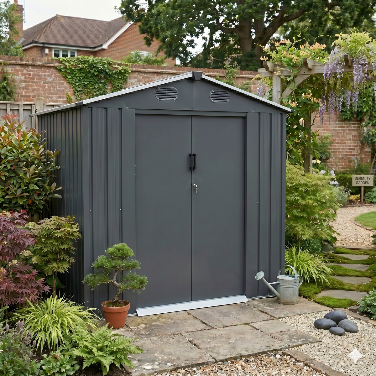 Metal 8x10FT (2.4 x 3m)Garden Shed - Grey - 0.35mm Thick Steel Panels + FREE Solar Light