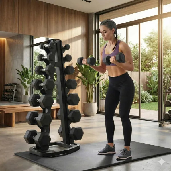 Complete 10-Set Hex Dumbbell & Rack Bundle – Heavy Duty Rubber Dumbbells (Pairs 12kg to 28kg) + Vertical Storage Stand