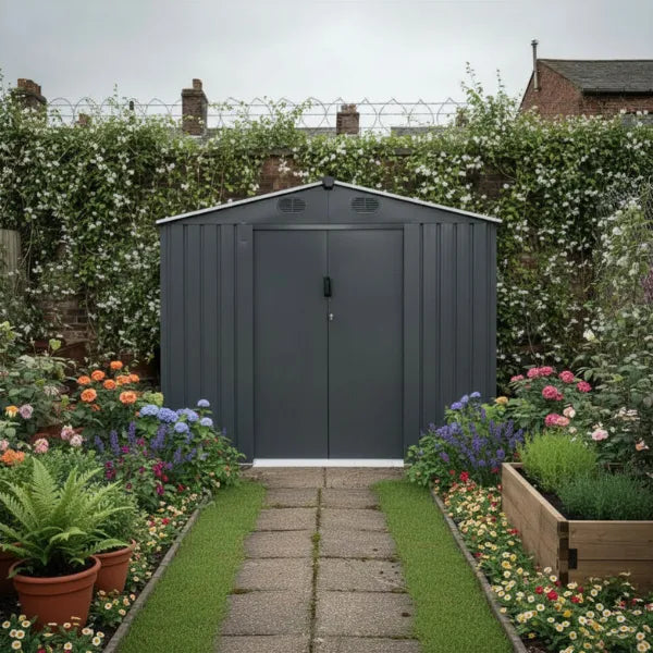 Metal 8x10FT (2.4 x 3m)  Garden Shed - Grey - 0.25mm Standard Steel Panels + FREE Solar Light