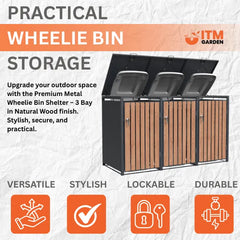 Wheelie Bin Shelter Premium - 3 Bay - Wood Effect Metal Slats