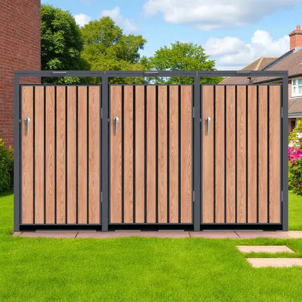 Wheelie Bin Shelter Premium - 3 Bay - Wood Effect Metal Slats
