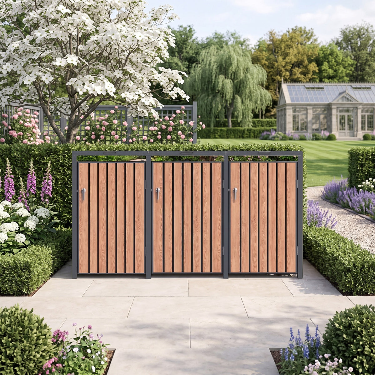 Wheelie Bin Shelter Premium - 3 Bay - Wood Effect Metal Slats