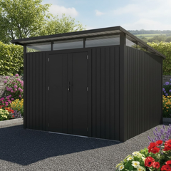 Metal Shed Heavy Duty With Slanted-(9.5ft x 10.3ft/2.9 x 3.1m ) - Grey with Natural Daylight Gap + FREE Solar Light