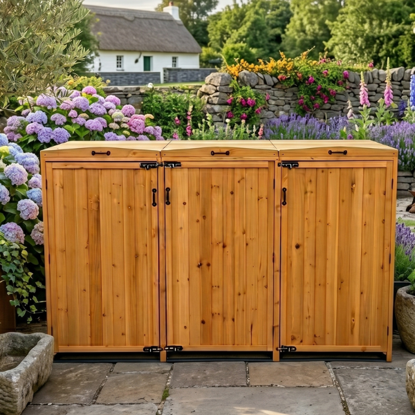 Deluxe Wheelie Bin Storage with Hydraulic Arms – 3 Bay - Natural Golden Oak