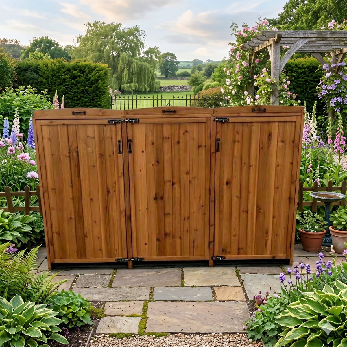 Deluxe Wheelie Bin Storage with Hydraulic Arms – 3 Bay - Honey Brown